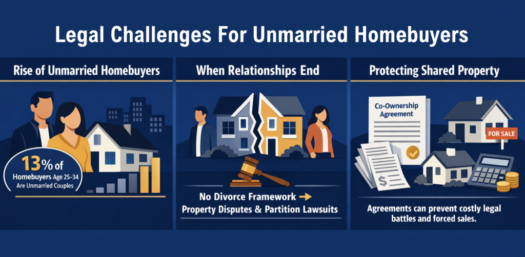 An infographic showing the legal challenges for unmarried homebuyers.