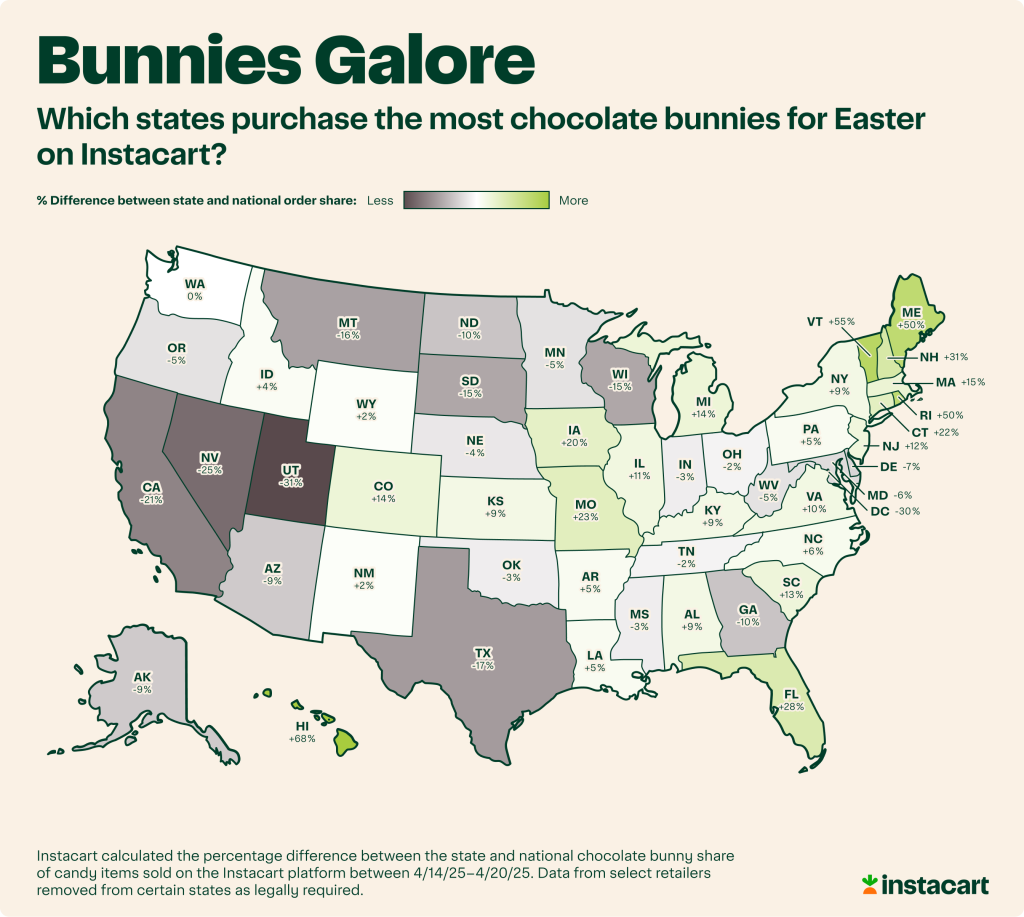 A data map of the US showing which states purchase the most chocolates bunnies for Easter on Instacart.