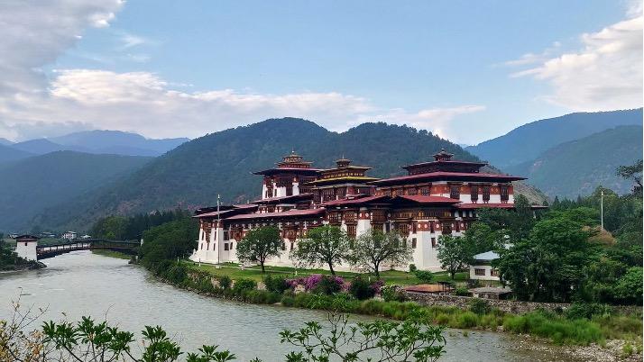 A view of the Punakha Dzong fortress in Punakha, Bhutan.