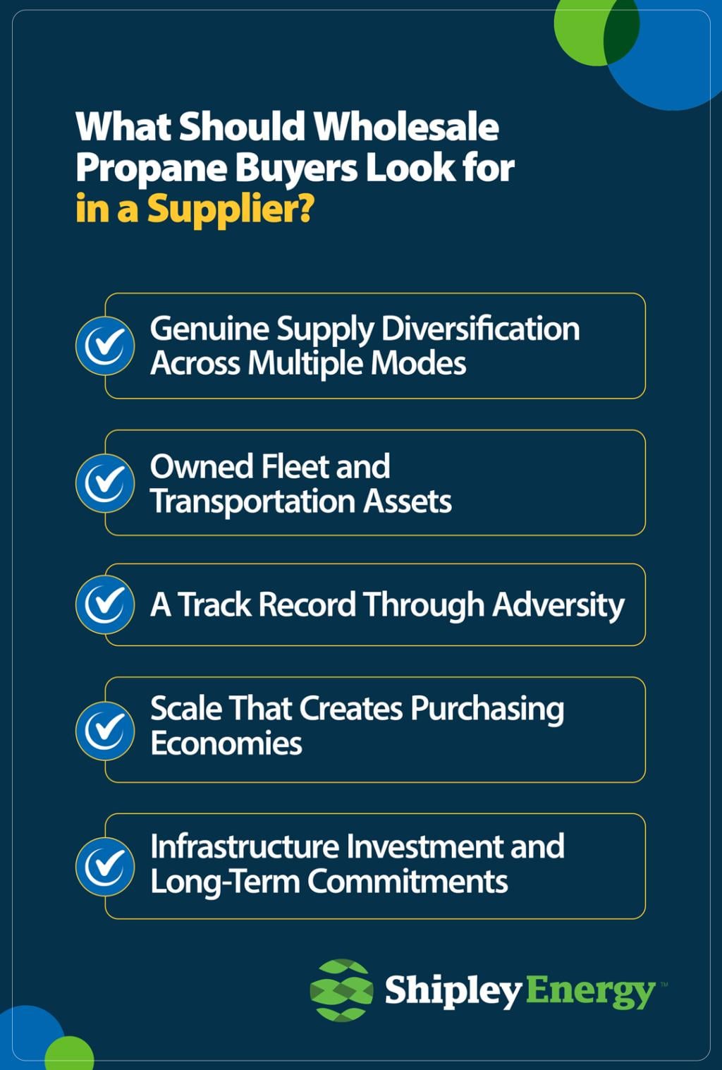 A poster listing the things that wholesale propane buyers should look for in a supplier.