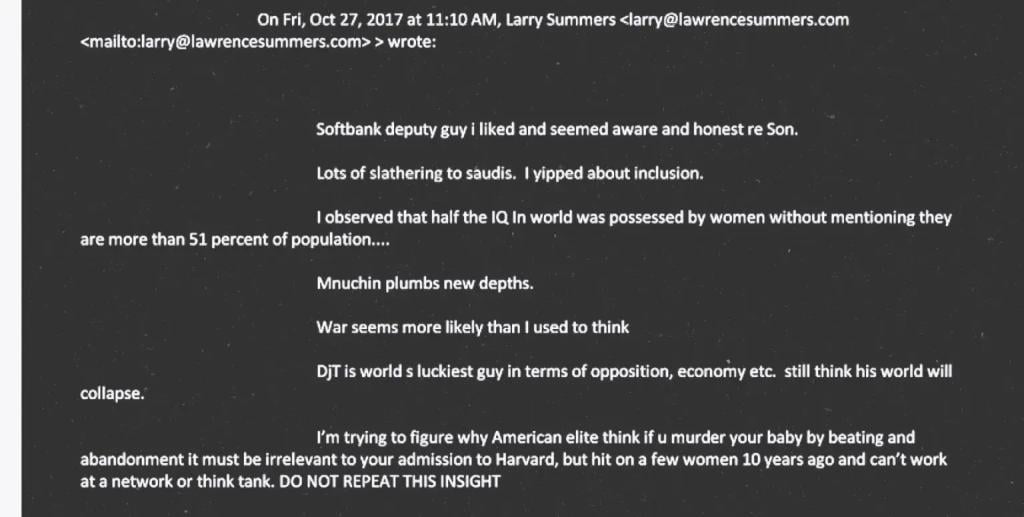Screenshot of a 2017 email exchange that includes a message from Larry Summers stating that “half the IQ in world was possessed by women,” referencing women’s share of the global population.