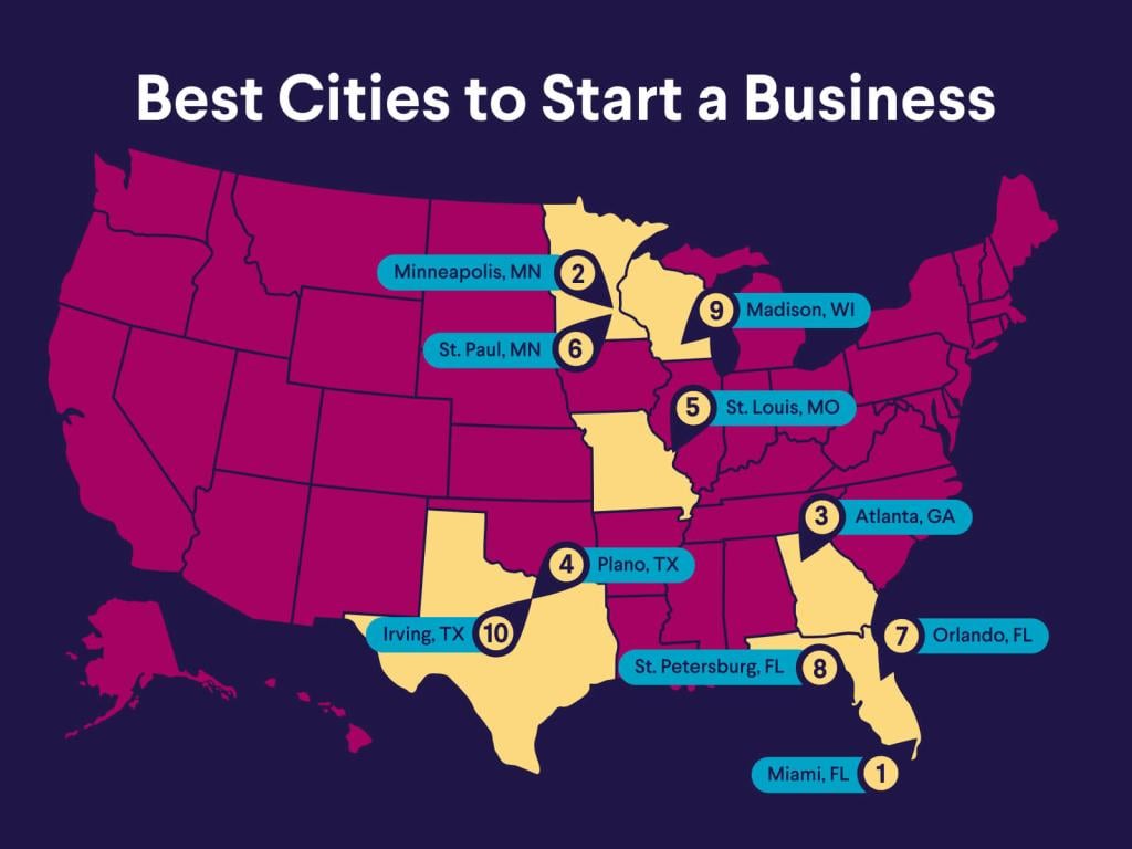 A data map of the US highlighting the best cities to start a business.