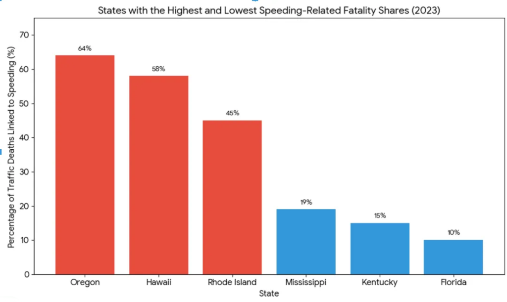 Data chart showing the states with the highest and lowest speeding-related fatality shares (2023).