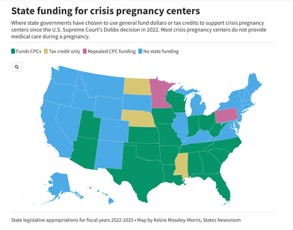 A data map of the US showing where state funding for crisis pregnancy centers are most provided.