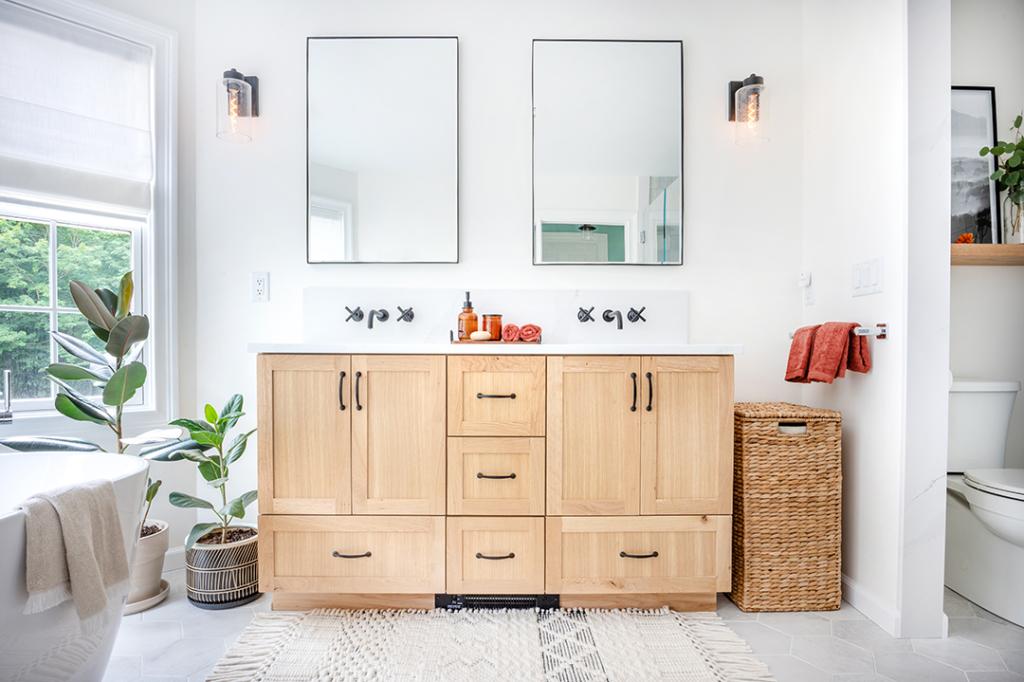 Modern bathroom with a vanity drawer below the plumbing.