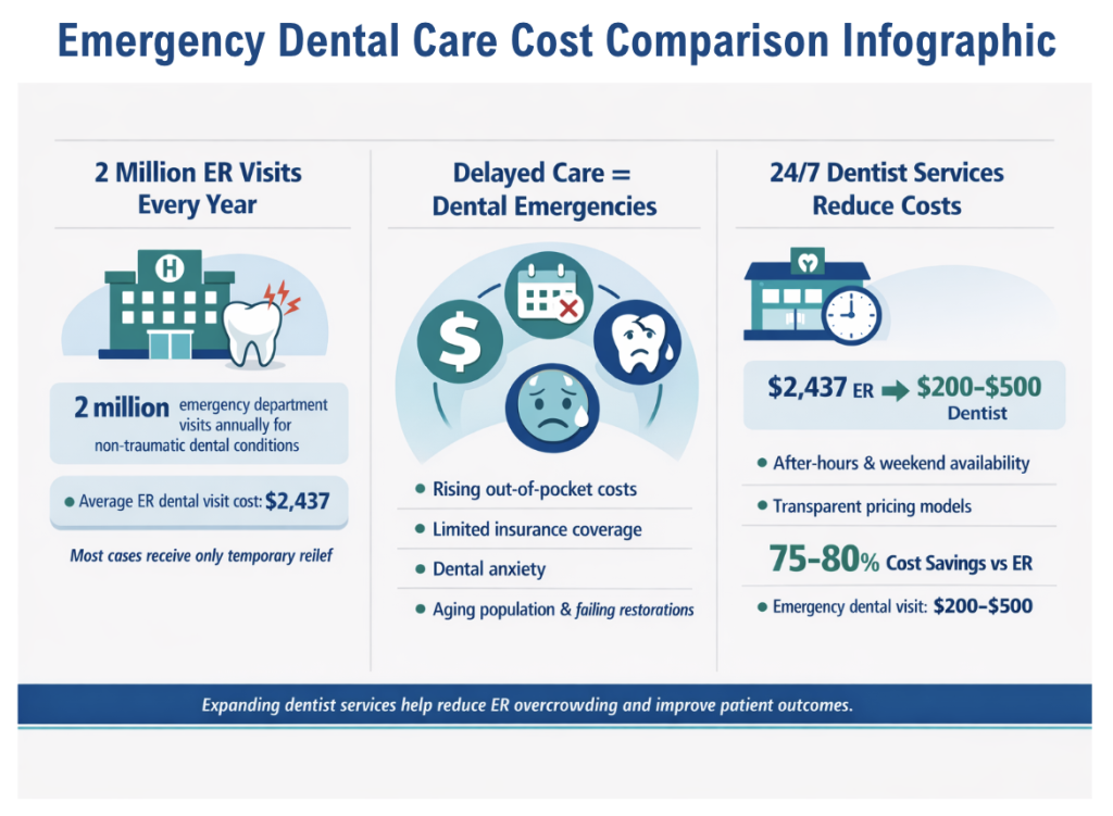 An infographic showing comparison and overview of emergency dental care costs.