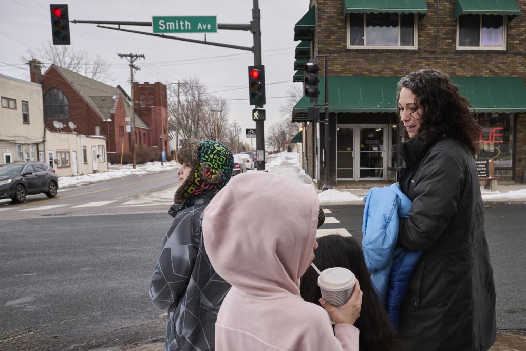 Brittany Kubricky stops for hot chocolate after picking up her daughter and two of her daughter’s schoolmates in St Paul, on 2 February.
