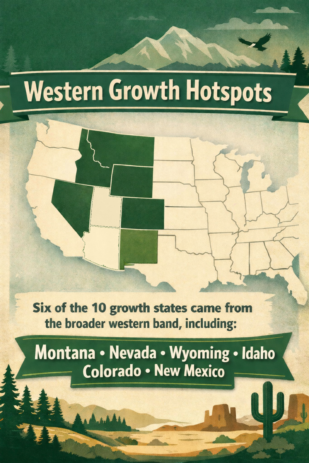 An infographic showing the top states that are growth hotspots. 6 of the 10 growth states came from the broader western band: Montana, Nevada, Wyoming, Idaho, Colorado, New Mexico.