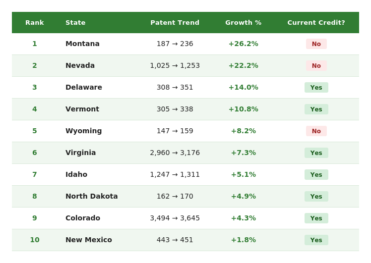 Table listing the top 10 states by FY2021 to FY2024 patent growth.