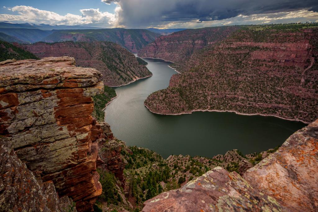 A view from above the Green River where it flows through Red Canyon and Flaming Gorge.