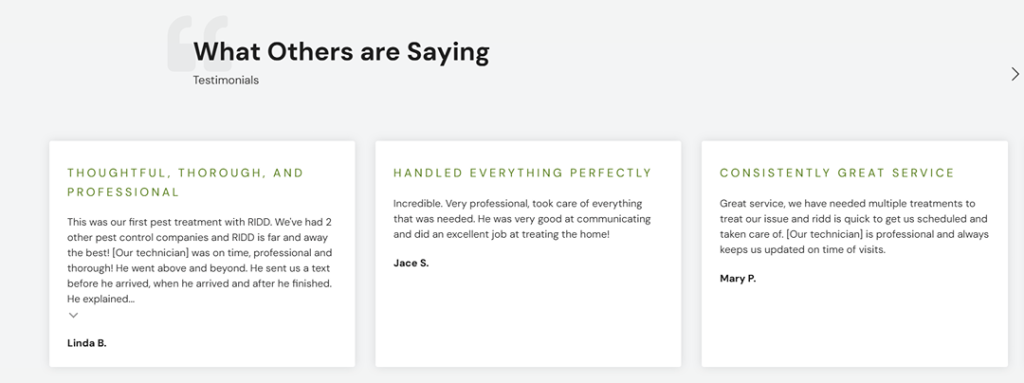 An example of a set of testimonials for a brand that signal trust.