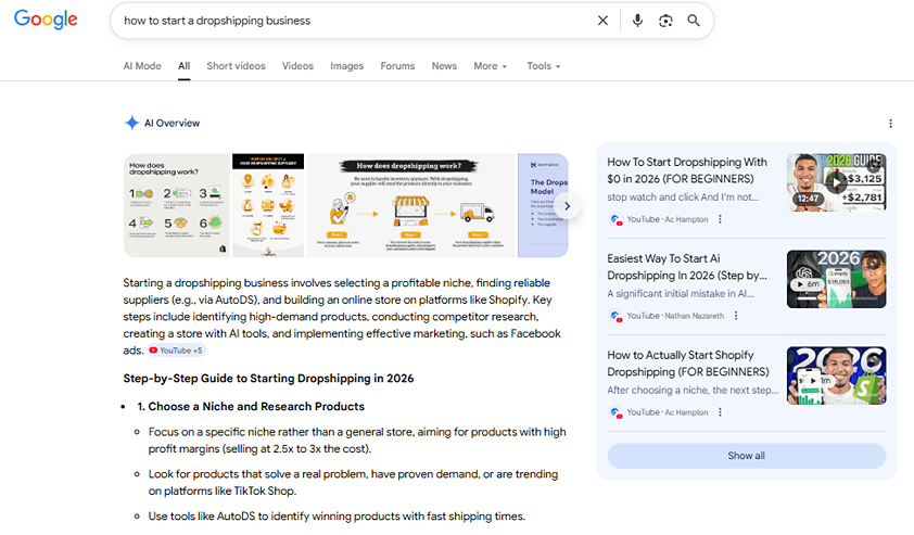 A screenshot of a Google search result and AI-generated overviews.