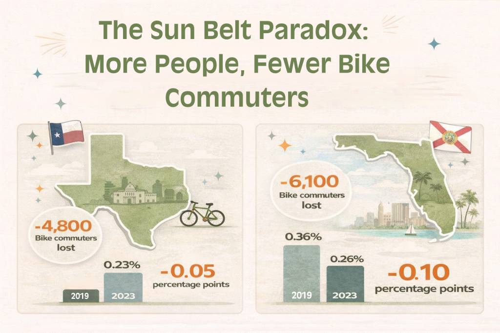 Infographic titled "The Sun Belt Paradox: More People, Fewer Bike Commuters," showing Texas lost 4,800 bike commuters (down 0.05 percentage points) and Florida lost 6,100 bike commuters (down 0.10 percentage points) between 2019 and 2023.