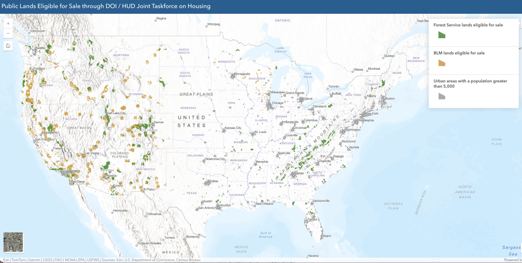 A screenshot of an interactive map created for RE:PUBLIC by The Wilderness Society that shows public lands within a ten-mile radius of towns with a population greater than 5,000.