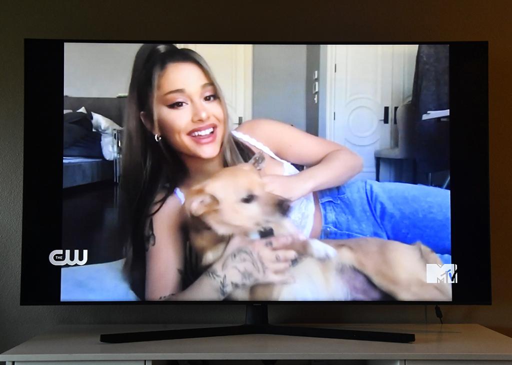Ariana Grande and her dog during the 2020 MTV Video Music Awards broadcast.