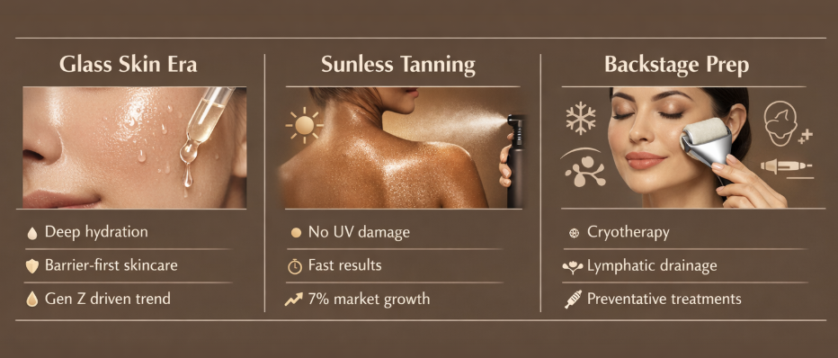 An infographic defining the glass skin era, sunless tanning, and backstage prep.