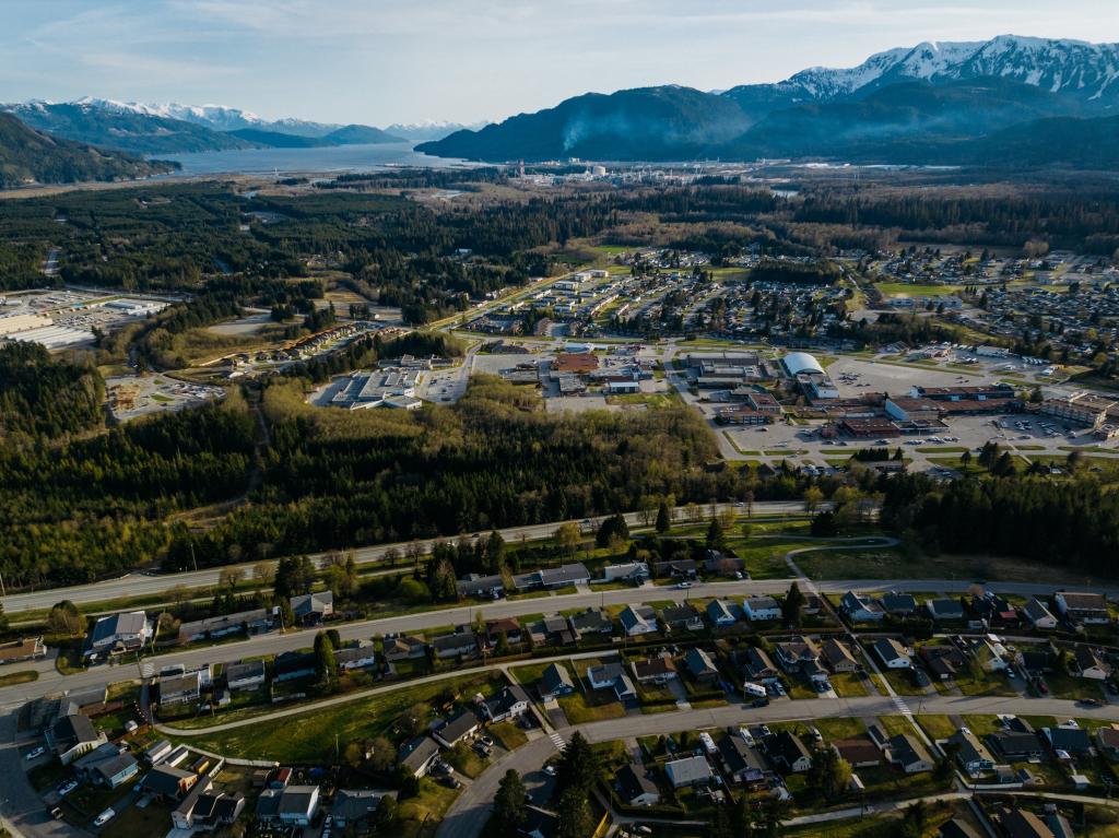 Aerial view of the town of Kitimat, British Columbia, where the LNG Canada facility was built, is home to around 8,000 people.