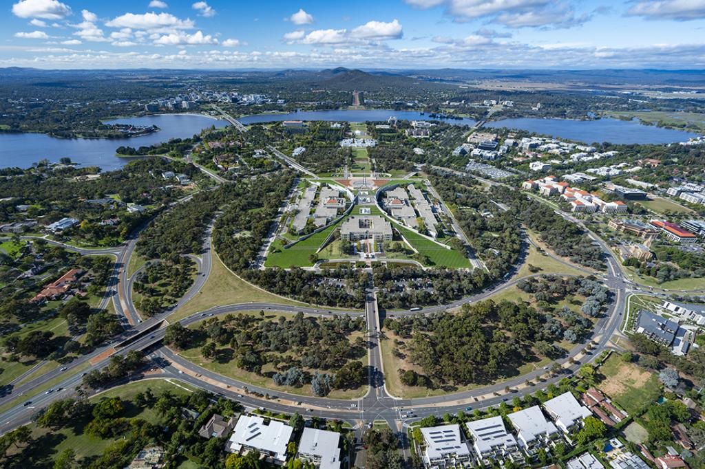 An aerial view of the parliamentary triangle in Canberra, Australia.
