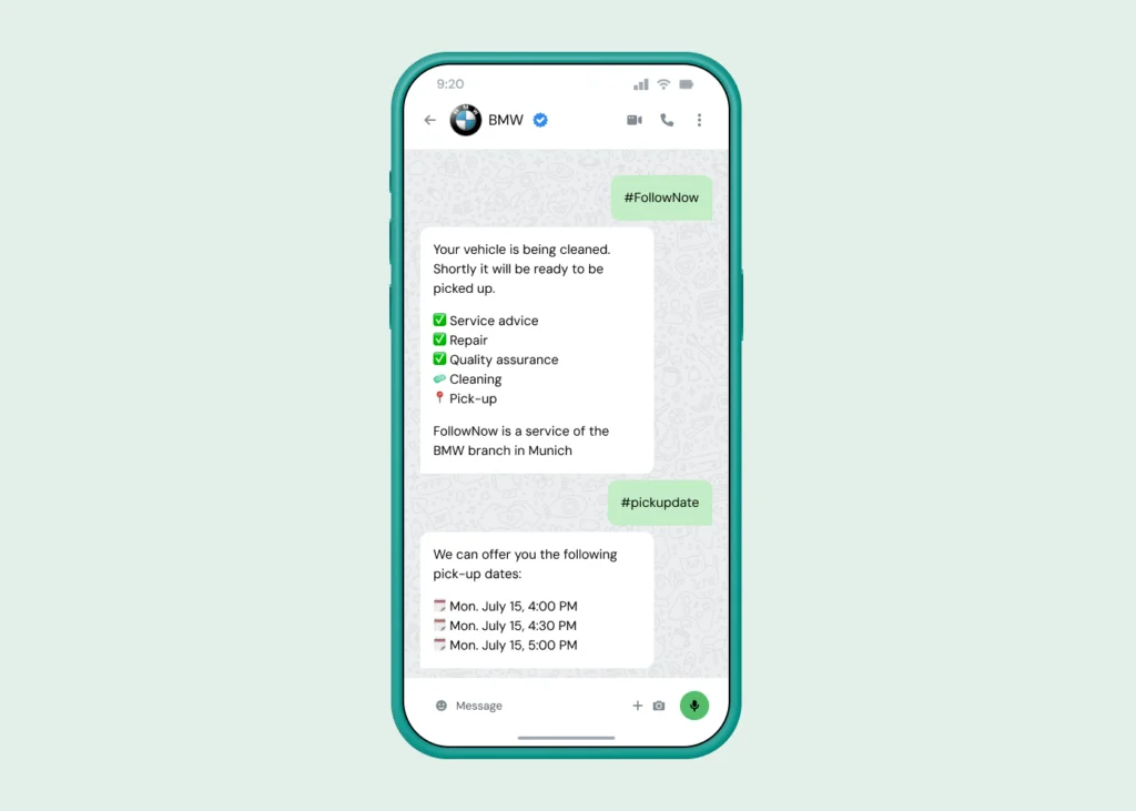 A screenshot of a chat with a bot to a brand for a service inquiry.