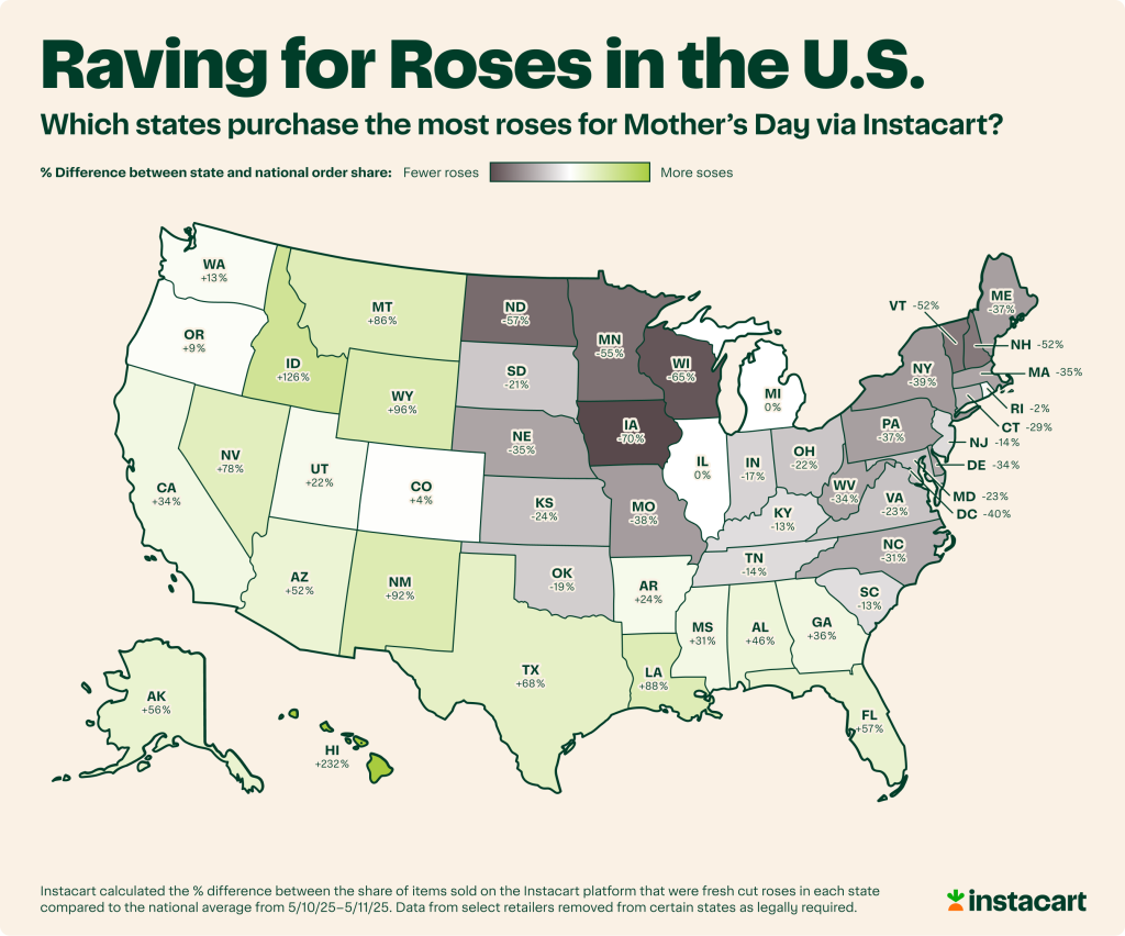 Data map showing which states purchase the most roses for Mother's Day via Instcart.