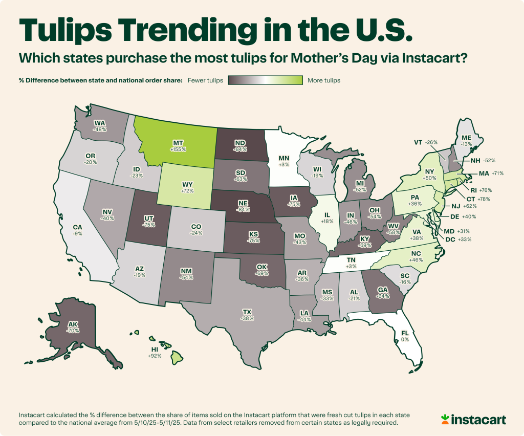 Data map showing which states purchase the most tulips for Mother's Day via Instcart.