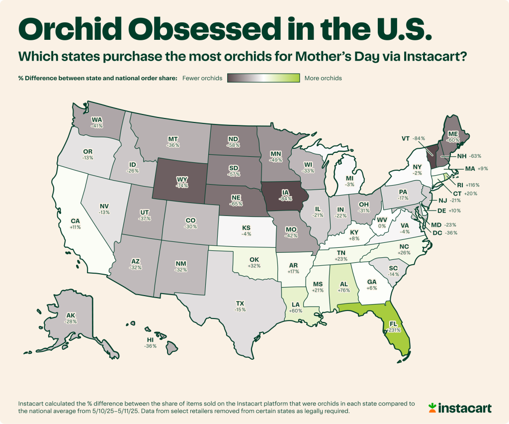 Data map showing which states purchase the most orchids for Mother's Day via Instcart.