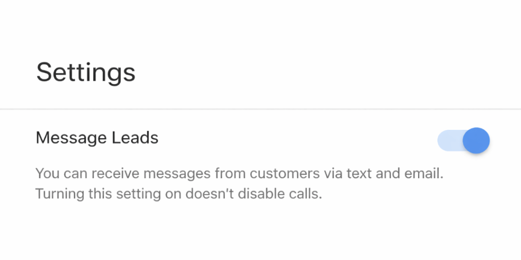 A message leads toggle turned on from a Google LSA's settings.