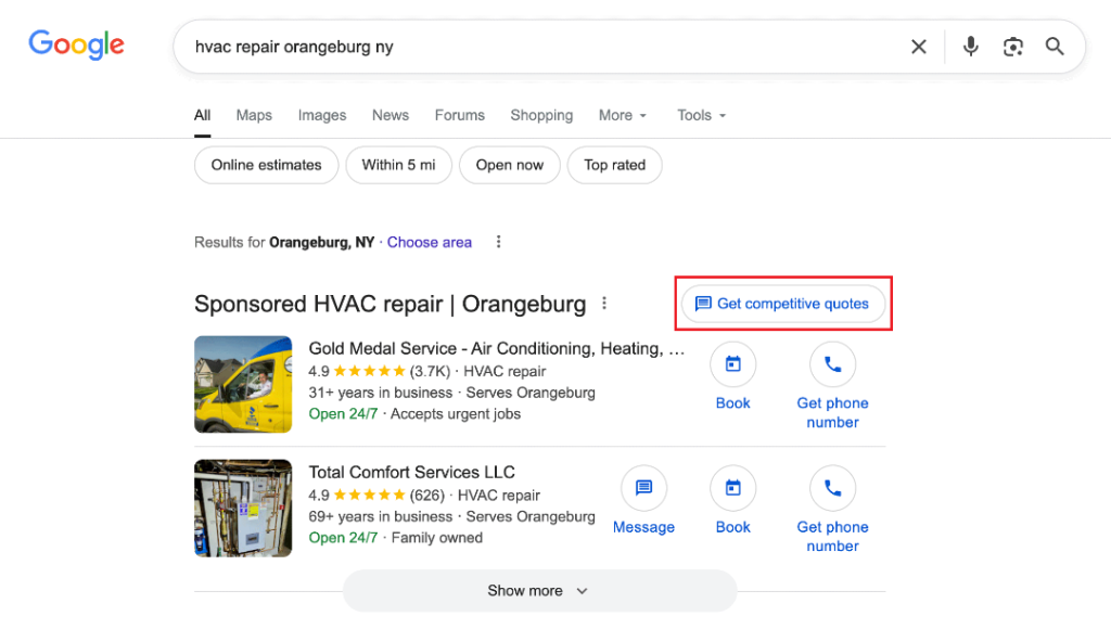 A screenshot of a Google LSA's competitive quote feature from a search result.