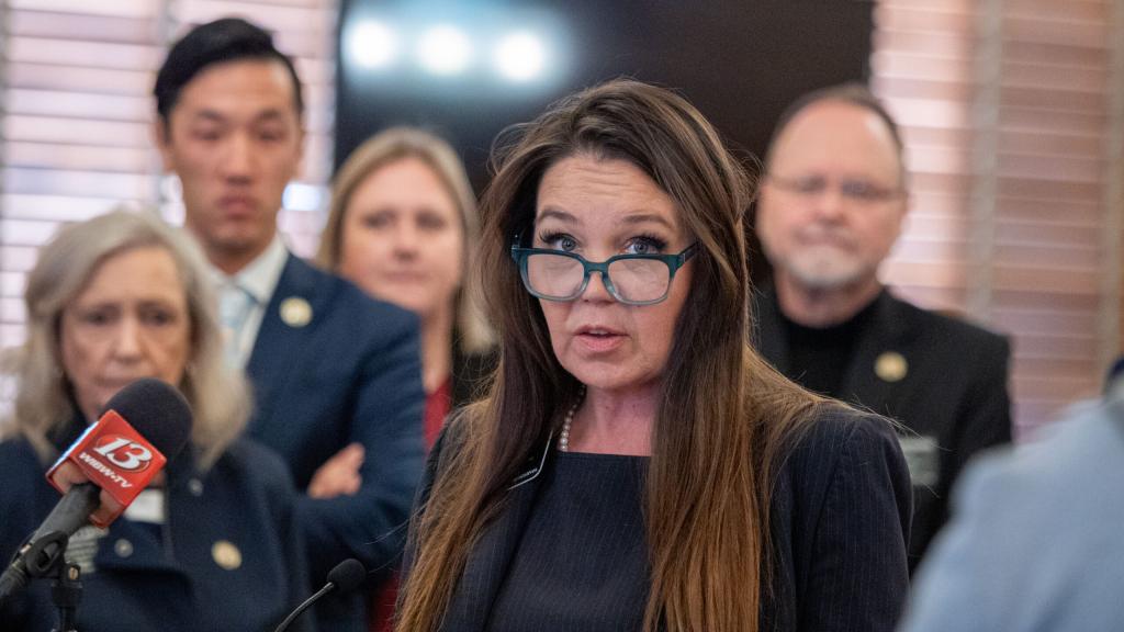 Rep. Stephanie Sawyer Clayton, an Overland Park Democrat, speaks at a Jan. 12, 2026, news conference at the Kansas Capitol.
