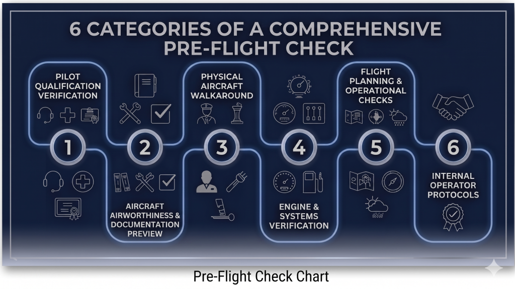 An infographic showing the six categories of a comprehensive pre-flight check.