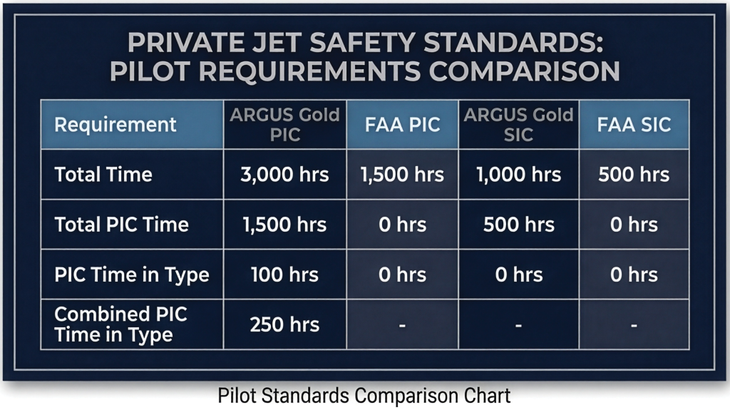A comparison table showing pilot requirements in private jet safety standards.