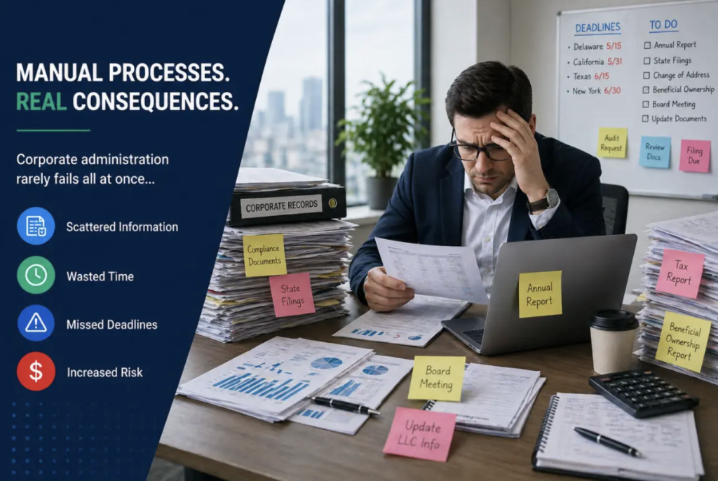 Infographic with photo showing business professional overwhelmed by paperwork, spreadsheets, and compliance tasks in a cluttered office and with a list of ways that manual processes fail.
