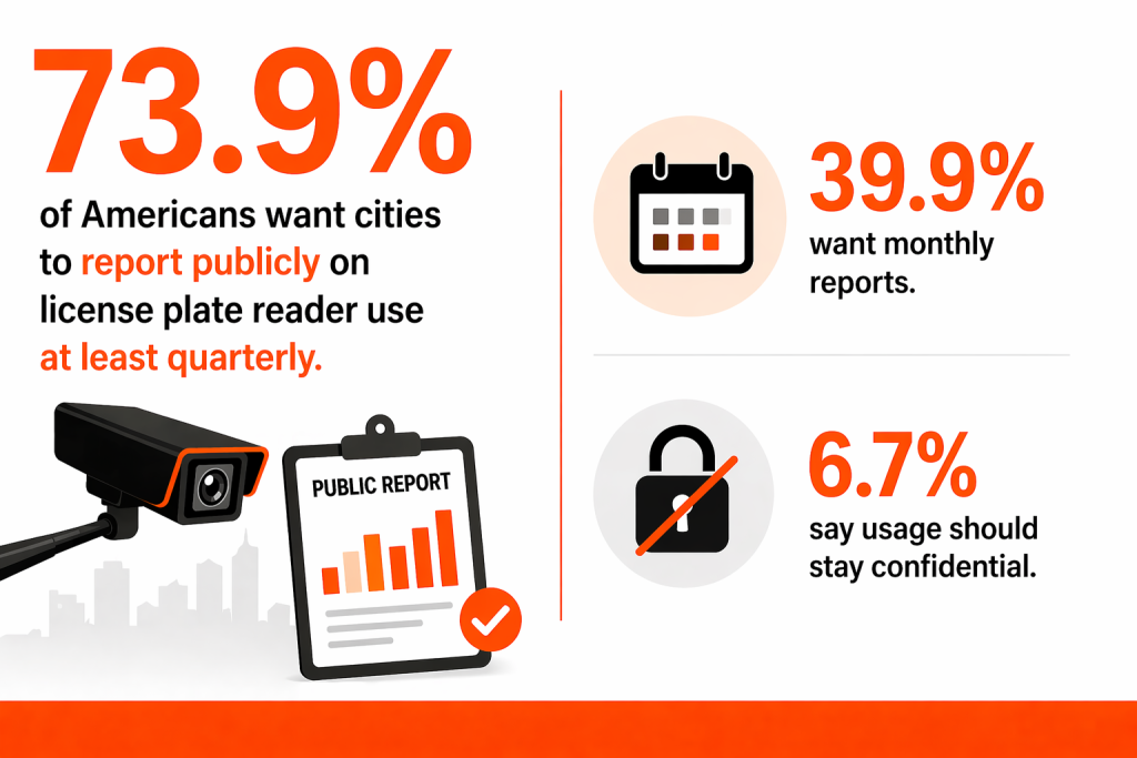 An infographic stating that 73.9% of Americans want cities to report publicly on license plate reader use at least quarterly.