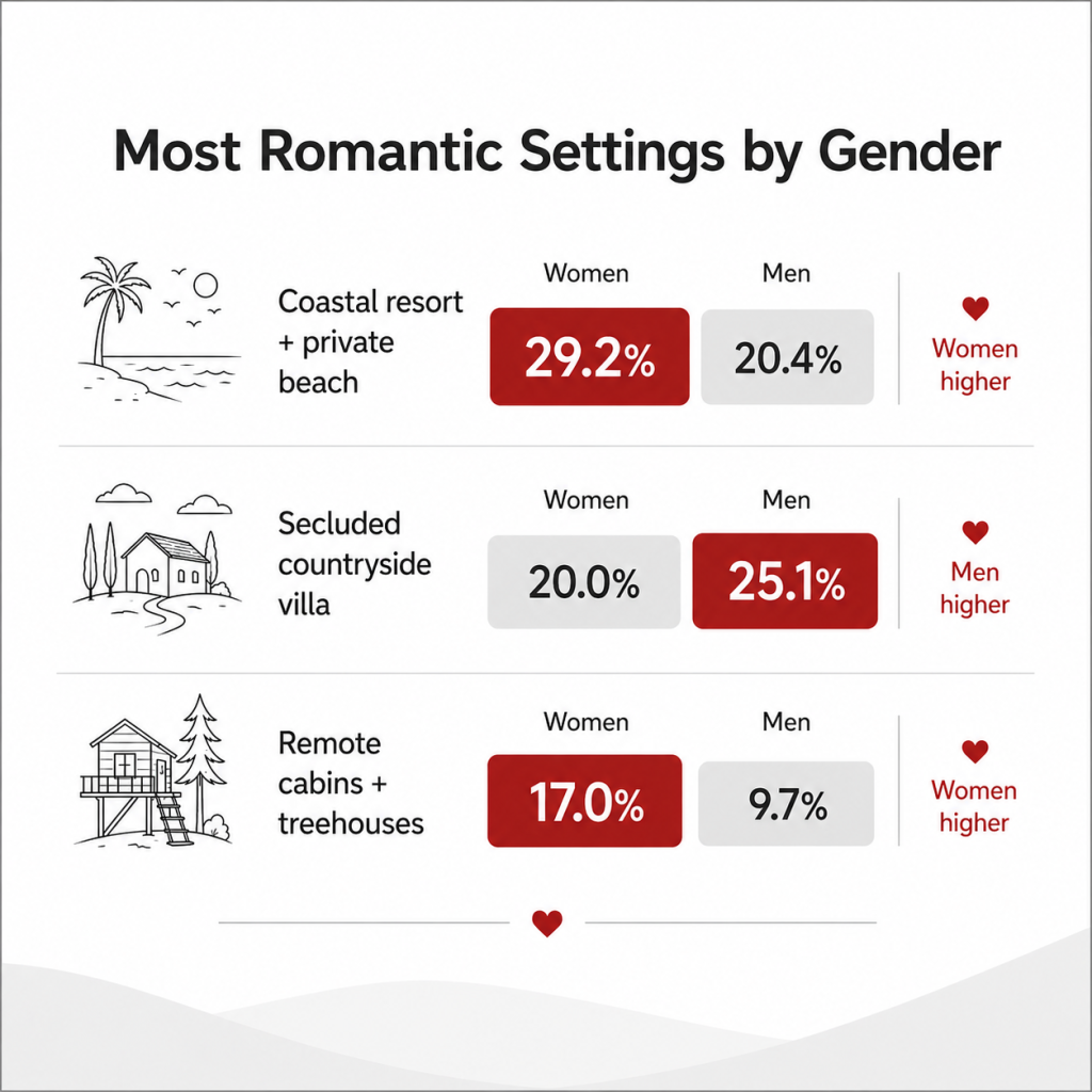 Infographic showing data on the most romantic settings by gender.