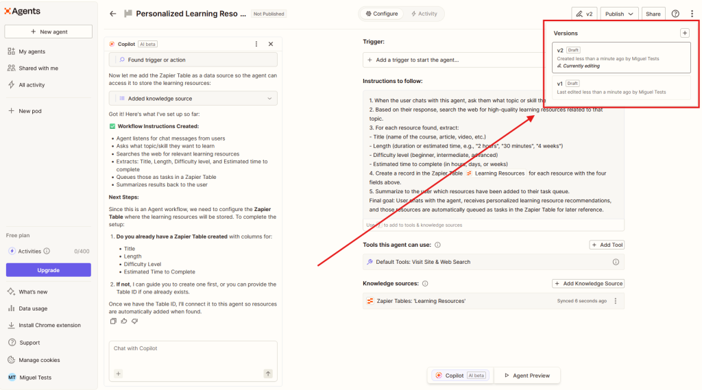 A sample screenshot on how to add version control and how to set up a sandbox for an AI agent.