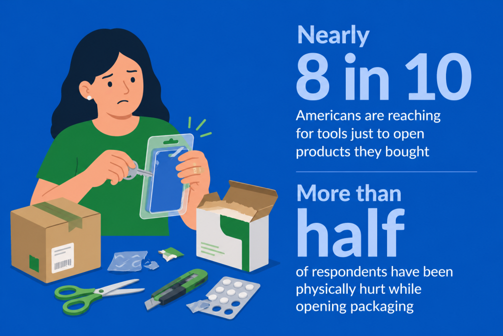 Infographic stating that nearly 8 in 10 Americans are reaching for tools just to open products they bought.