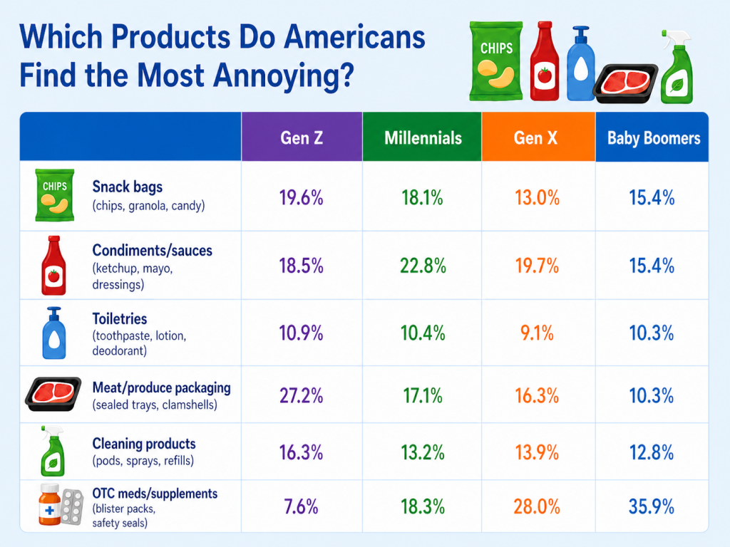 An infographic showing the products Americans find the most annoying to open, based on generation group.
