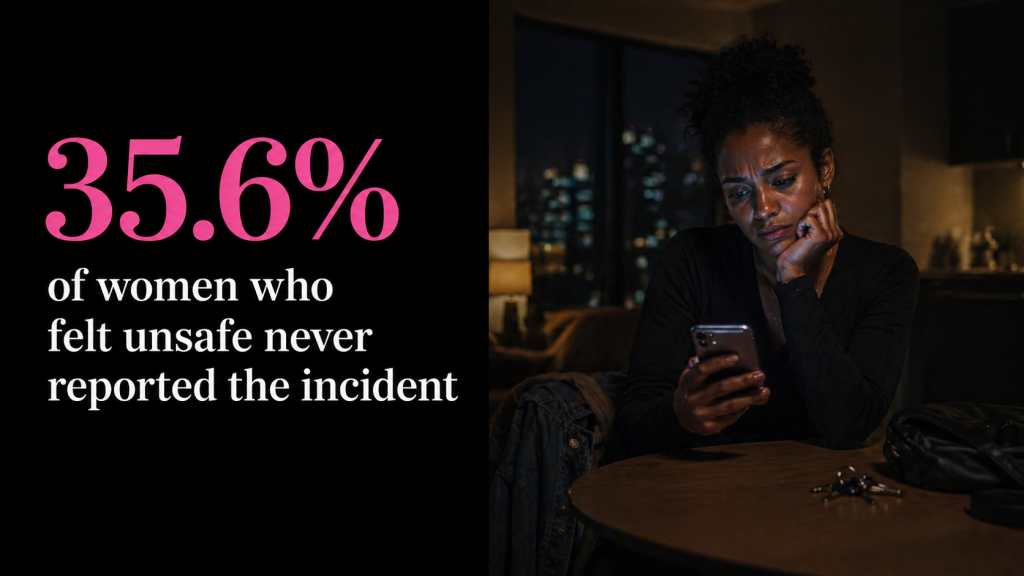 An infographic stating that 35.6% of women who felt unsafe never reported the incident.
