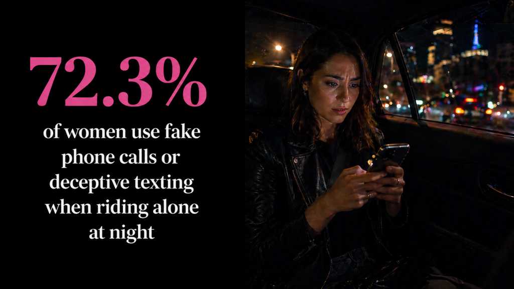 An infographic stating that 72.3% of women use fake phone calls or deceptive texting when riding alone at night.