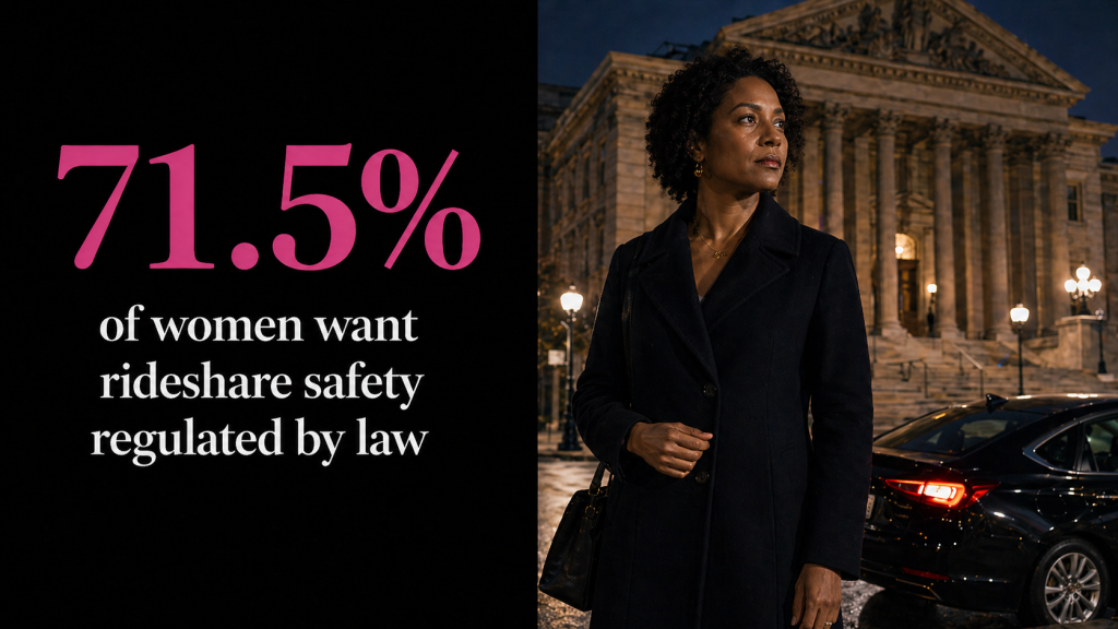 An infographic stating that 71.5% of women want rideshare safety regulated by law.