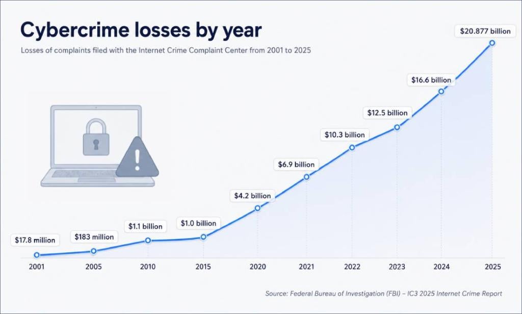 A graph showing the cybercrime complaints' losses from 2001 to 2025.
