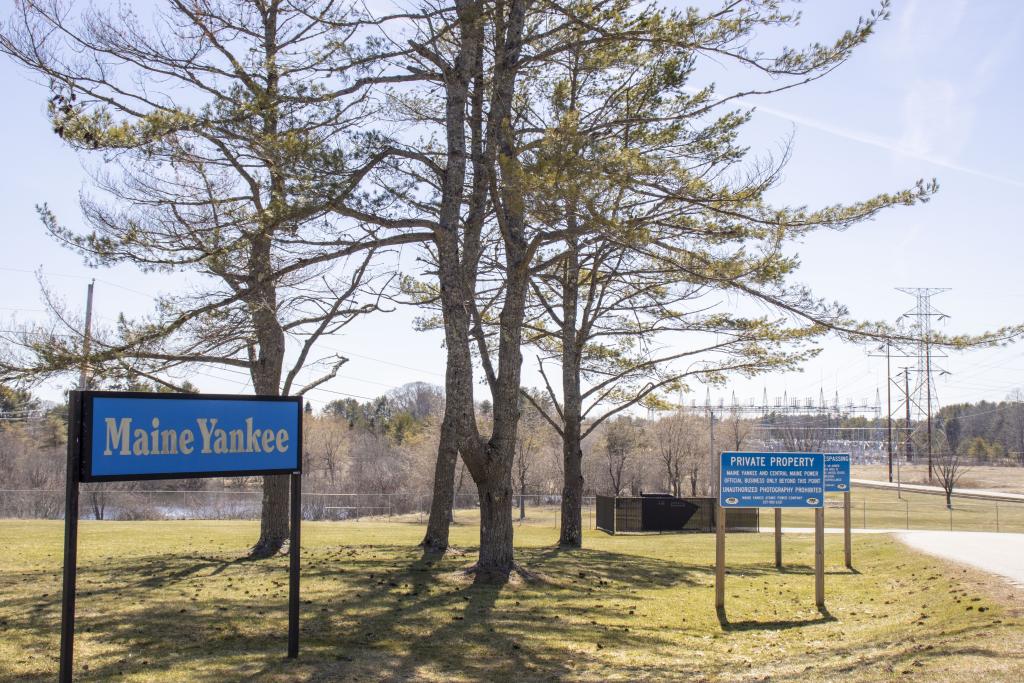 View of Maine Yankee Atomic Power Company sign with trees and property in background, sign, It was Maine’s largest generator of electricity between 1972 and 1996.