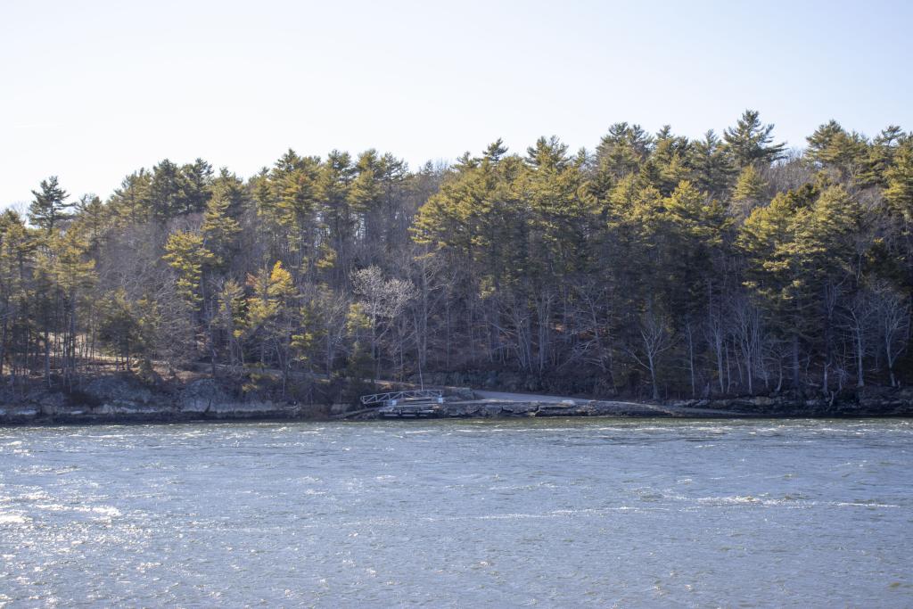 As seen from across the Back River in April of 2026, the 300-acre site where the idea for a data center was made public last fall remains undeveloped in Wiscasset, Maine.