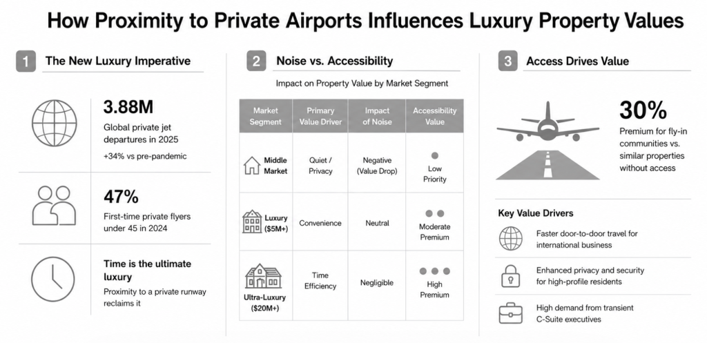 An infographic showing factors how proximity to private airports influences luxury property values.