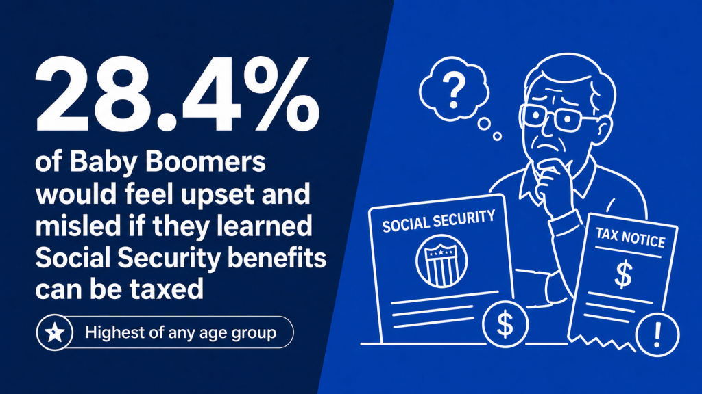 An infographic stating that 28.4% of Baby Boomers would feel upset and misled if they learned Social Security benefits can be taxed.