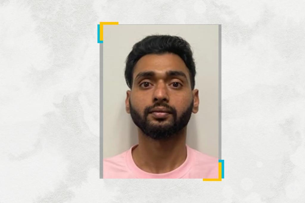 A portrait shows a person, Jasmeet Singh, with short dark hair and a trimmed beard looking directly at the camera against a plain background, appearing in a criminal mugshot. They wear a light pink shirt, and the image is framed within a graphic layout featuring subtle gray texture and small teal and yellow accent shapes in the corners.