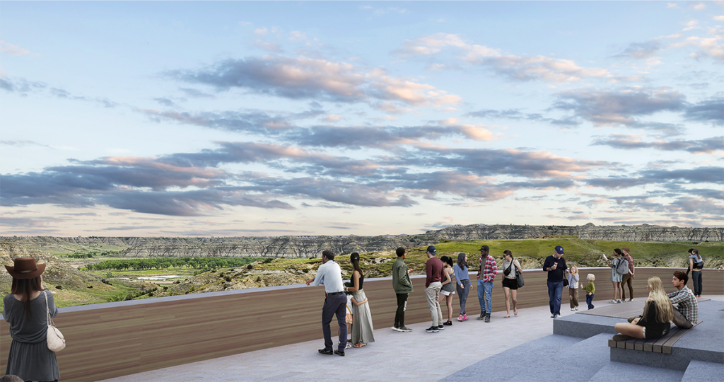 A rendering showing visitors to the roof of the Theodore Roosevelt Presidential Library with scenic North Dakota in the background.