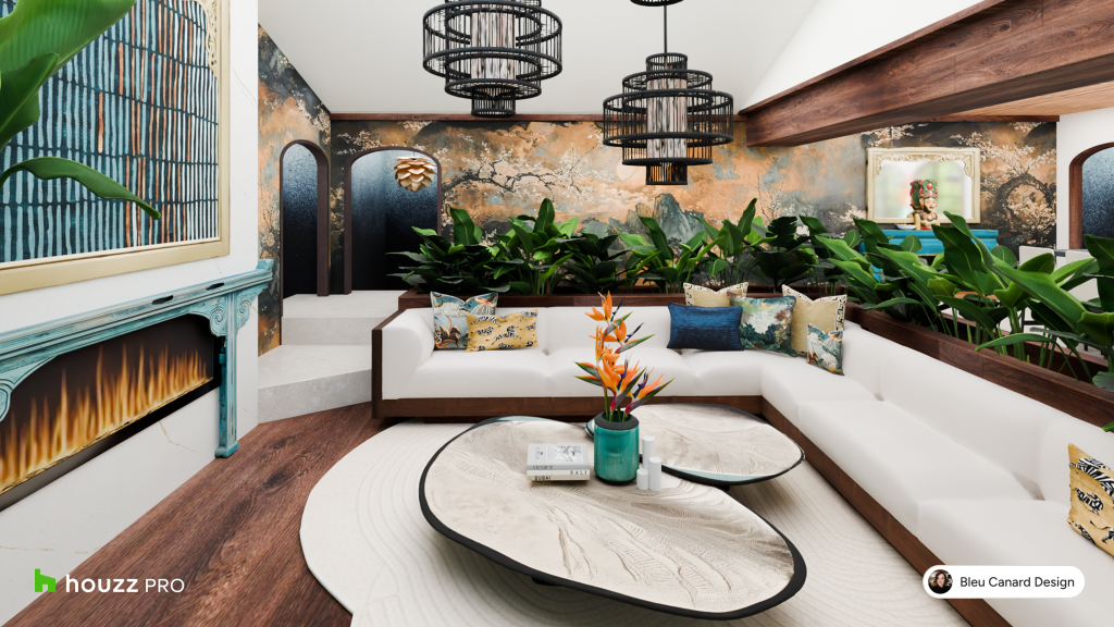 A Bali-inspired modern living room with lush tropical plants by Bleu Canard Design.