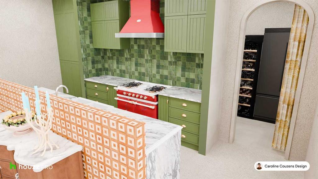 An Italian kitchen space connected to a classic archway by Caroline Couzens Design.