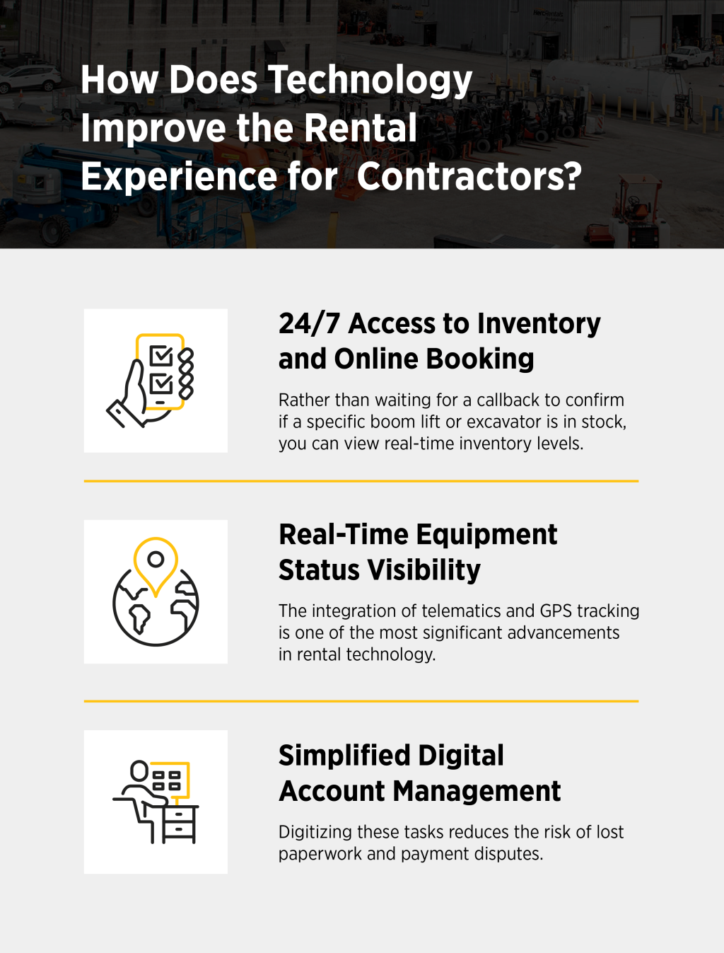 An infographic listing how technology improves the rental experience for contractors.